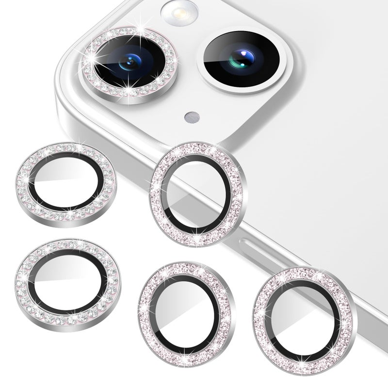 AGVEE 3+3 6 Pack for iPhone 15 6.1" / 15 Plus 6.7" Camera Lens Protector, Bling Diamond & Bling Glitter Metal Ring 9H Tempered HD Glass Camera Cover Film, Bling-Silver - Image 1