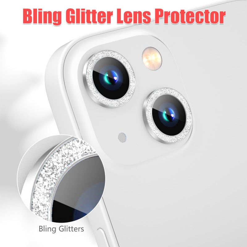 AGVEE 3+3 6 Pack for iPhone 15 6.1" / 15 Plus 6.7" Camera Lens Protector, Bling Diamond & Bling Glitter Metal Ring 9H Tempered HD Glass Camera Cover Film, Bling-Silver - Image 5