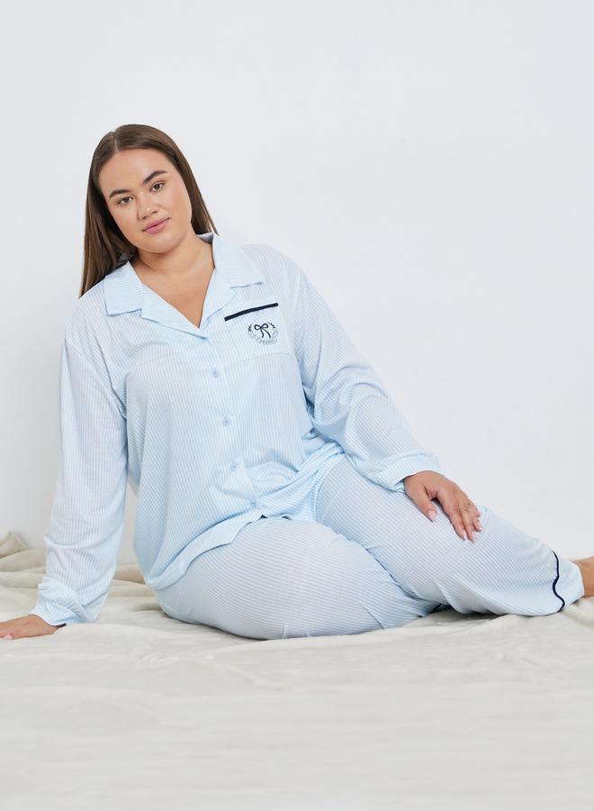 Styli Plus Bow Print Pocket Striped Shirt and Pyjama Set - Image 1