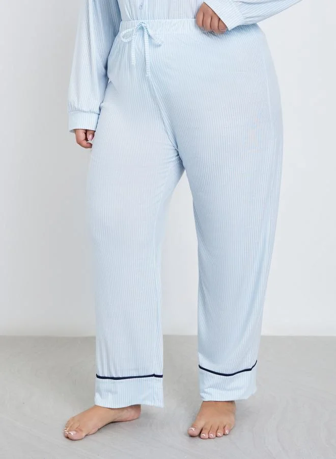 Styli Styli Plus Bow Print Pocket Striped Shirt and Pyjama Set