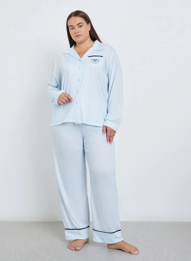 Styli Styli Plus Bow Print Pocket Striped Shirt and Pyjama Set