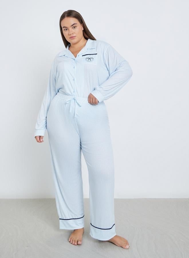 Styli Plus Bow Print Pocket Striped Shirt and Pyjama Set - Image 5