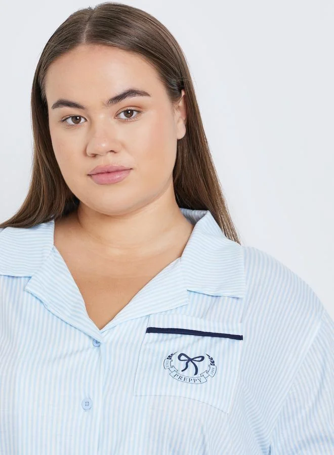 Styli Styli Plus Bow Print Pocket Striped Shirt and Pyjama Set