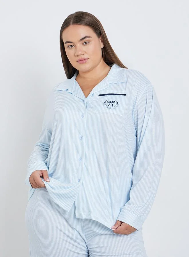 Styli Styli Plus Bow Print Pocket Striped Shirt and Pyjama Set