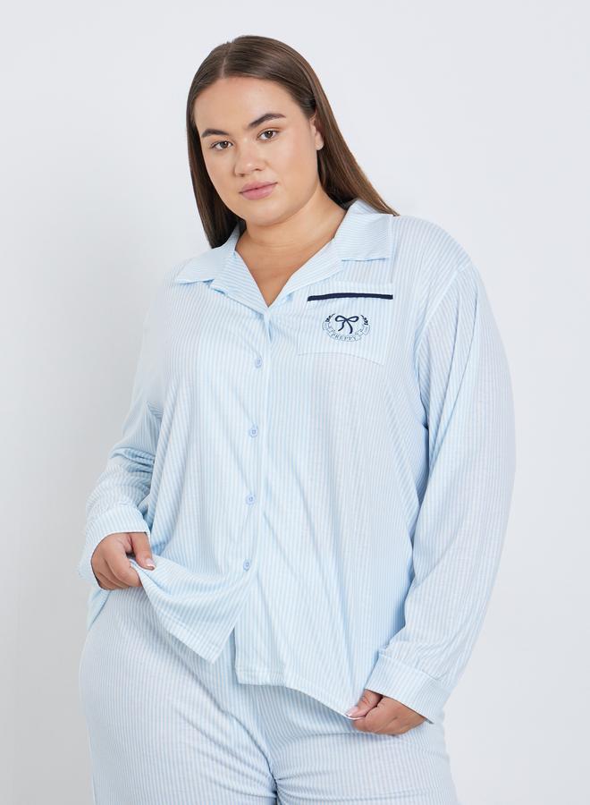 Styli Plus Bow Print Pocket Striped Shirt and Pyjama Set - Image 3