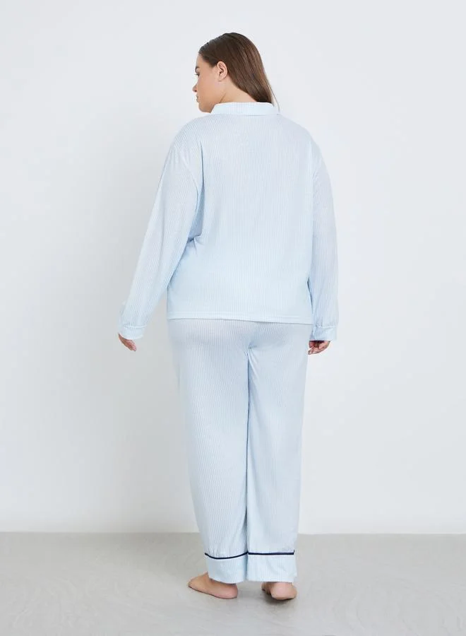 Styli Styli Plus Bow Print Pocket Striped Shirt and Pyjama Set