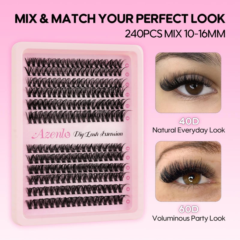 Azenlo Lash Extensions 40D+60D Cluster 240pcs DIY Wispy Lash Clusters 10-16mm Eyelash Clusters for Beginners At Home Individual Thin Band Lash Kit (40D+60D Kit) - Image 3