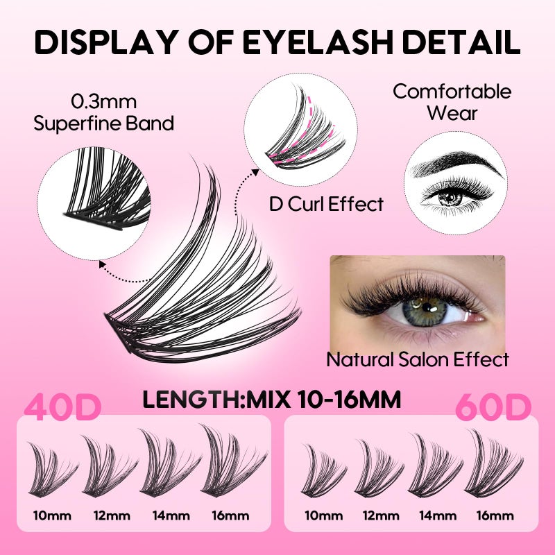 Azenlo Lash Extensions 40D+60D Cluster 240pcs DIY Wispy Lash Clusters 10-16mm Eyelash Clusters for Beginners At Home Individual Thin Band Lash Kit (40D+60D Kit) - Image 5