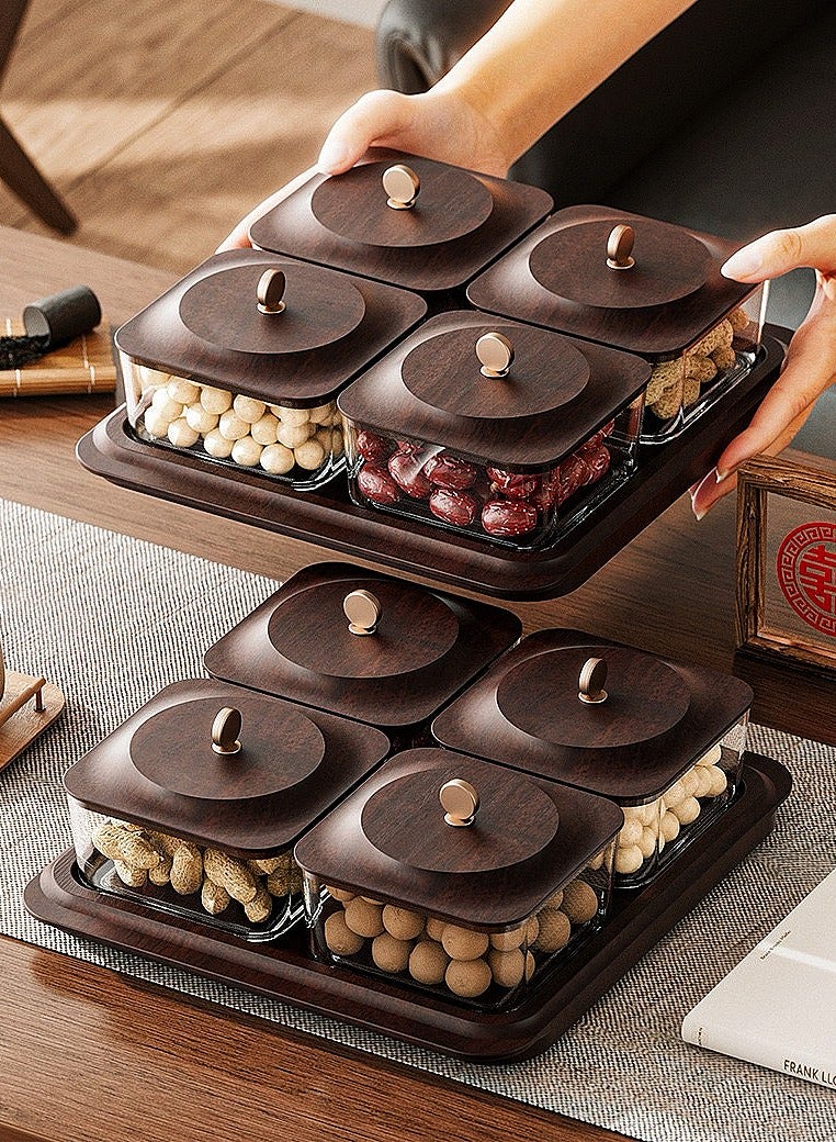JoyousSto Wood grain fruit plate Serving Set: Plastic Imitated Wood Serving Tray & 4 Snack Boxes with Lid, Ideal for Home, nuts container dried fruit nut candy plate Candy Nuts Cookies Chips Party & Birthday - Image 1
