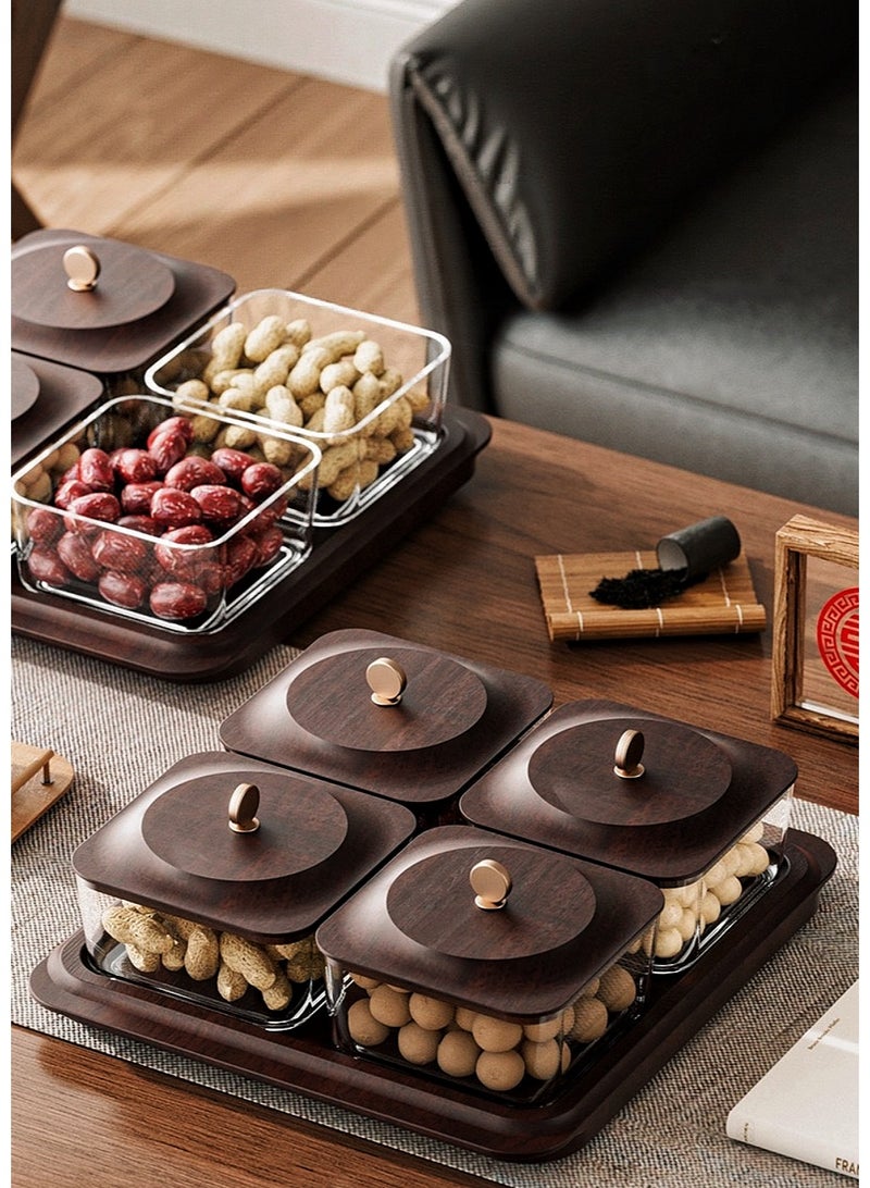 JoyousSto Wood grain fruit plate Serving Set: Plastic Imitated Wood Serving Tray & 4 Snack Boxes with Lid, Ideal for Home, nuts container dried fruit nut candy plate Candy Nuts Cookies Chips Party & Birthday - Image 3