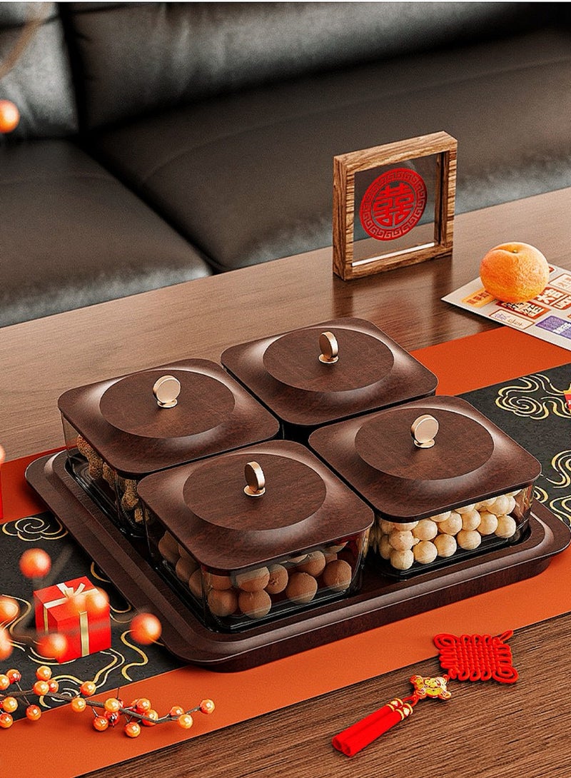 JoyousSto Wood grain fruit plate Serving Set: Plastic Imitated Wood Serving Tray & 4 Snack Boxes with Lid, Ideal for Home, nuts container dried fruit nut candy plate Candy Nuts Cookies Chips Party & Birthday - Image 4