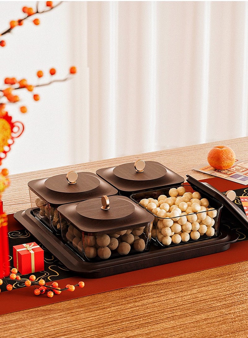 JoyousSto Wood grain fruit plate Serving Set: Plastic Imitated Wood Serving Tray & 4 Snack Boxes with Lid, Ideal for Home, nuts container dried fruit nut candy plate Candy Nuts Cookies Chips Party & Birthday - Image 5
