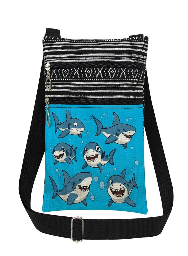 XiaoGalaee Playful Friendly Sharks Print Crossbody Bag Blue White Cartoon Sea Animal with Bubbles Adjustable Strap for Adults Messenger Bag Outdoor Purse Ocean Theme Birthday Gift for Friend or Sister - Image 1
