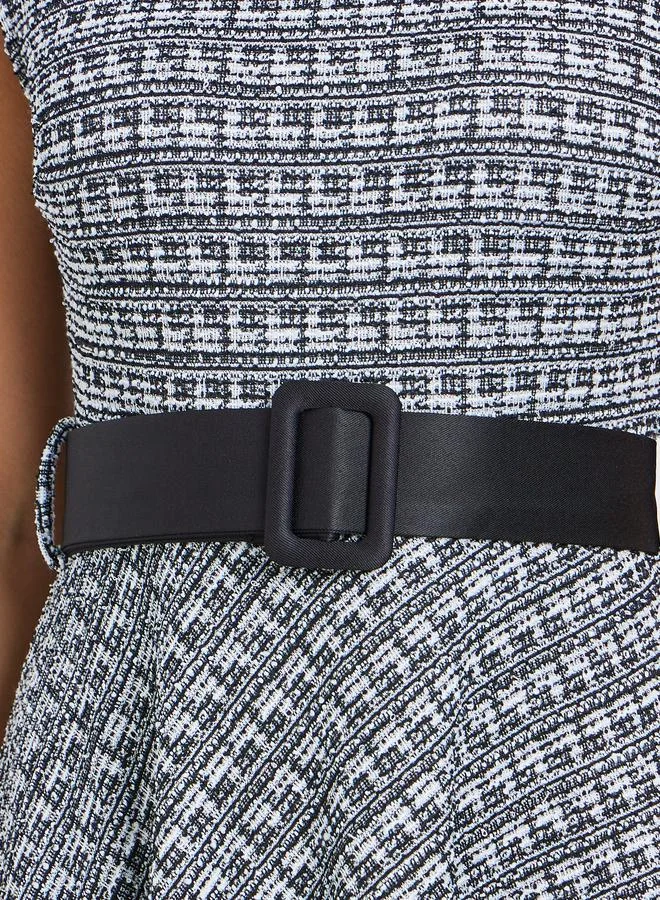 Styli  Black and White Belted Sleeveless A-Line Midi Dress for Women | Best Price UAE