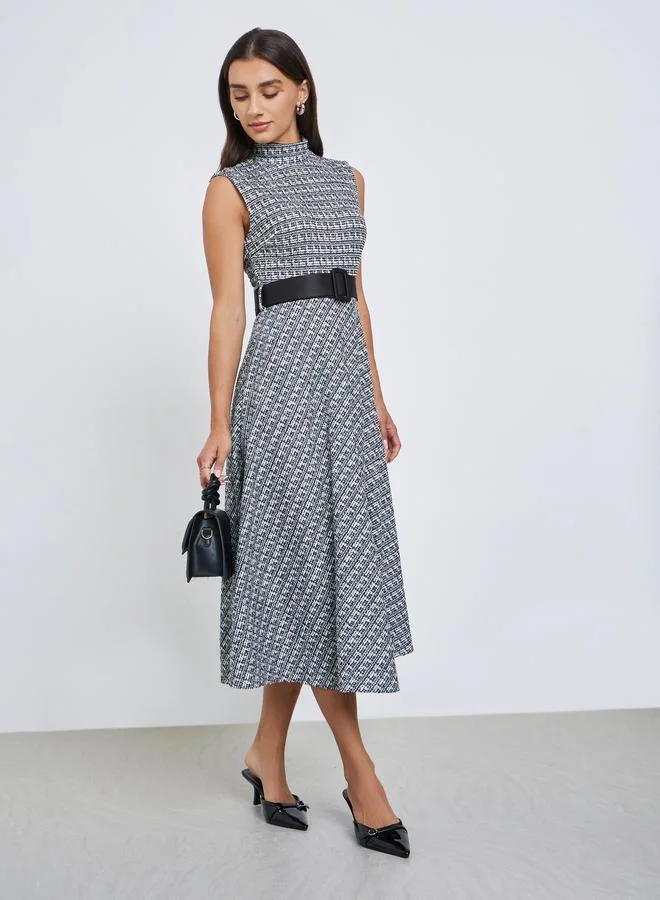 Styli  Black and White Belted Sleeveless A-Line Midi Dress for Women | Best Price UAE