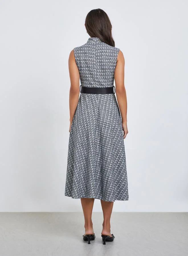 Styli  Black and White Belted Sleeveless A-Line Midi Dress for Women | Best Price UAE