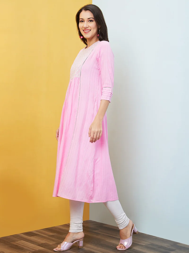 globus Women Pink Striped Mirror Work A-Line Pleated Kurta