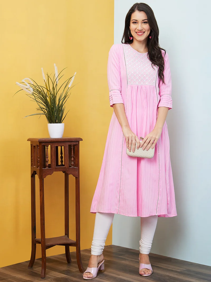 globus Women Pink Striped Mirror Work A-Line Pleated Kurta
