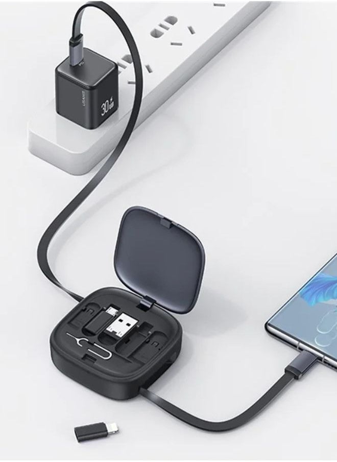 Usams - 60W USB Travel Data Cable Adapter Case, Fast Charging Line Storage Organizer Box, Lightning Type C iOS Device Micro USB Converter, Card Ejector Pin Set Phone Holder Stand - Image 1