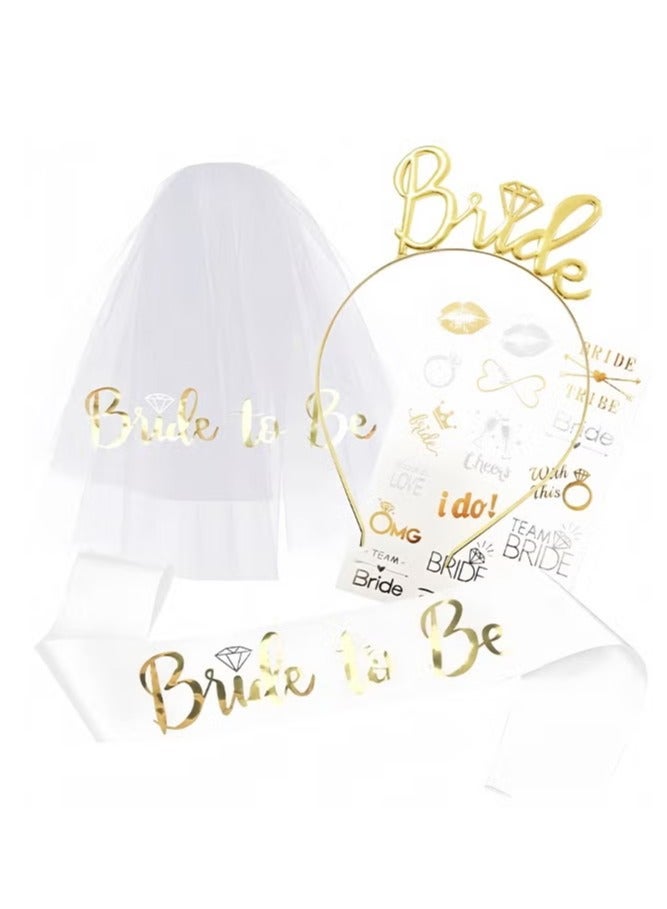 4 Pack Bride to Be Decoration Set, Bride Sash, Headband Tiara, Bride Veil with Comb, Rhinestone Tiara, Pre-Strung Banner, Bride to Be Gifts Decorations Wedding (Gold) - Image 1