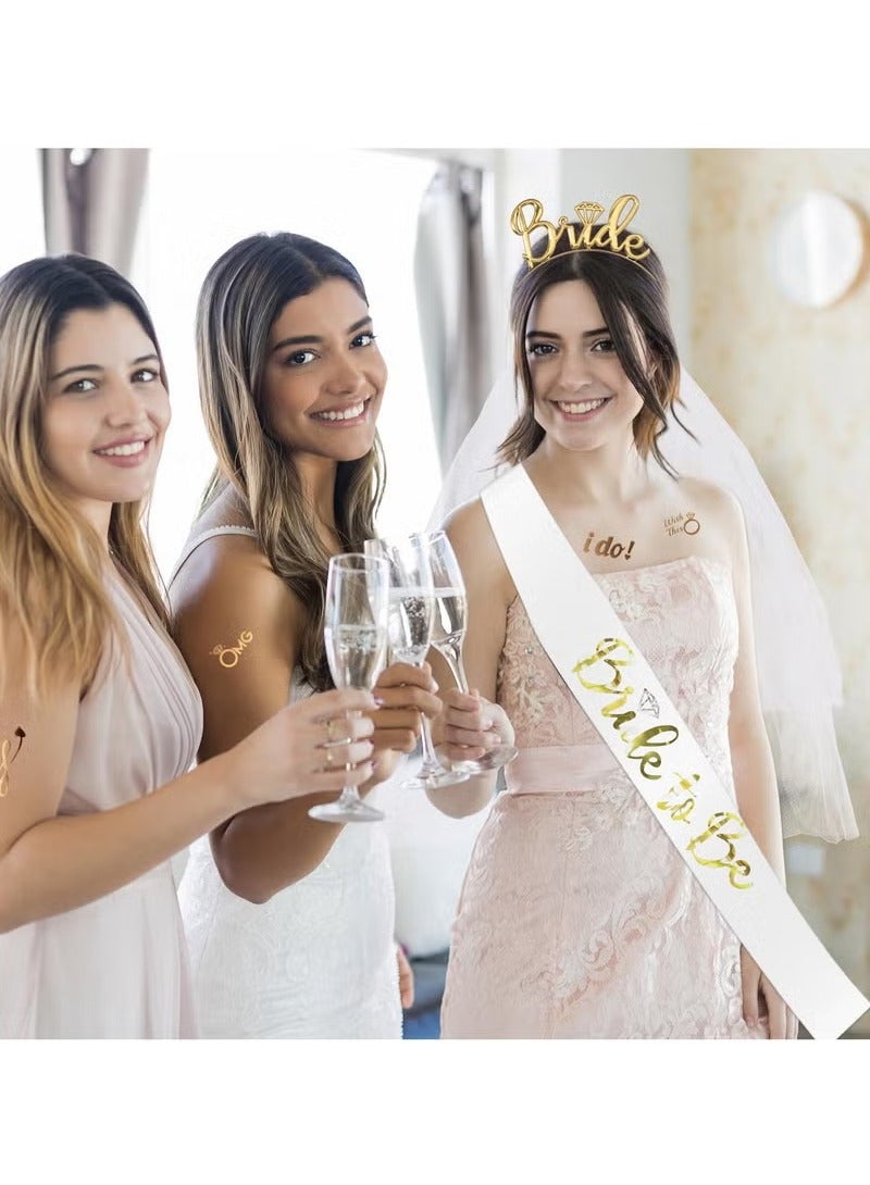 4 Pack Bride to Be Decoration Set, Bride Sash, Headband Tiara, Bride Veil with Comb, Rhinestone Tiara, Pre-Strung Banner, Bride to Be Gifts Decorations Wedding (Gold) - Image 3