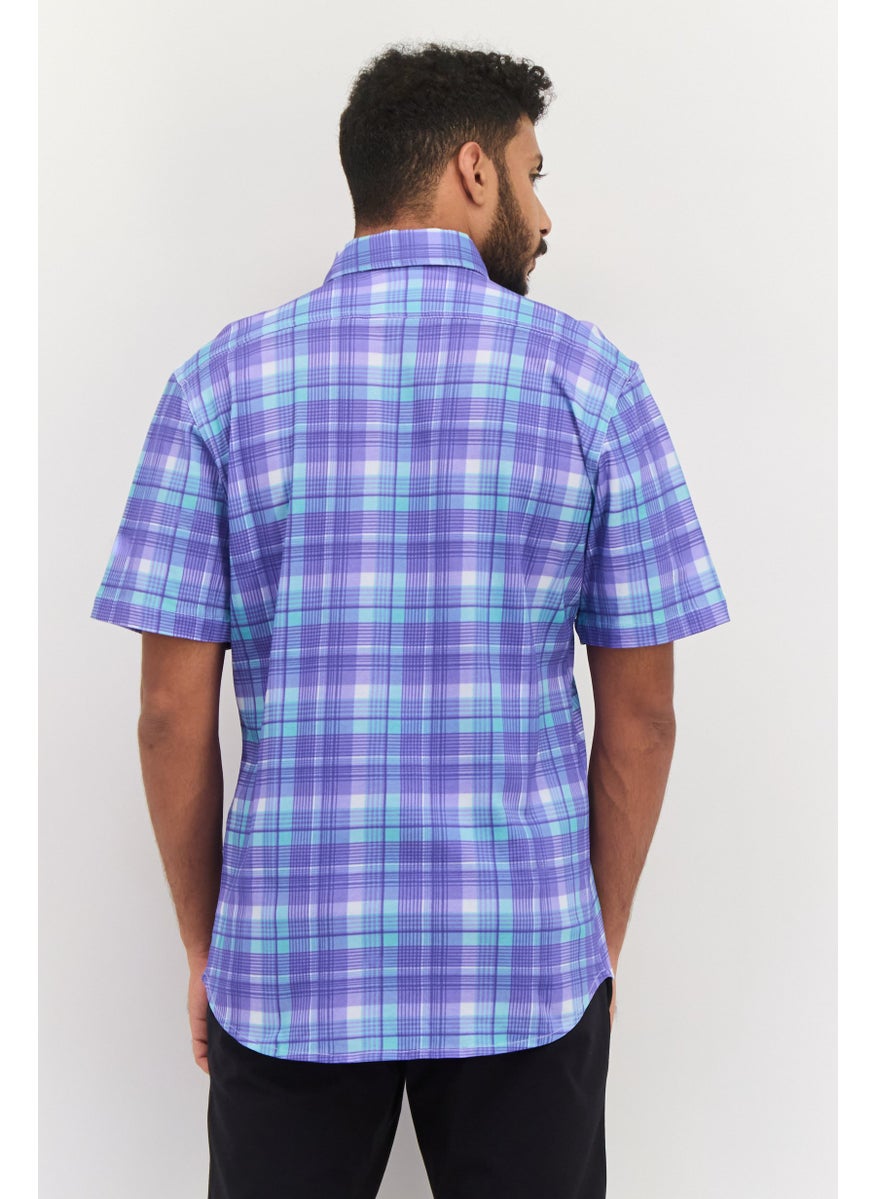 Tailorbyrd Men Regular Fit Plaid Short Sleeve Casual Shirt, Purple  - Image 3