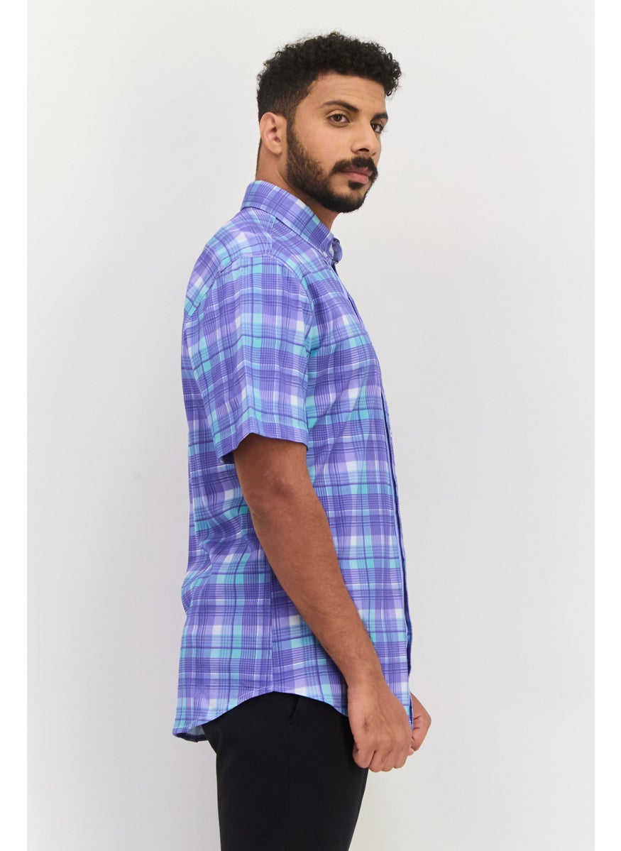 Tailorbyrd Men Regular Fit Plaid Short Sleeve Casual Shirt, Purple  - Image 2
