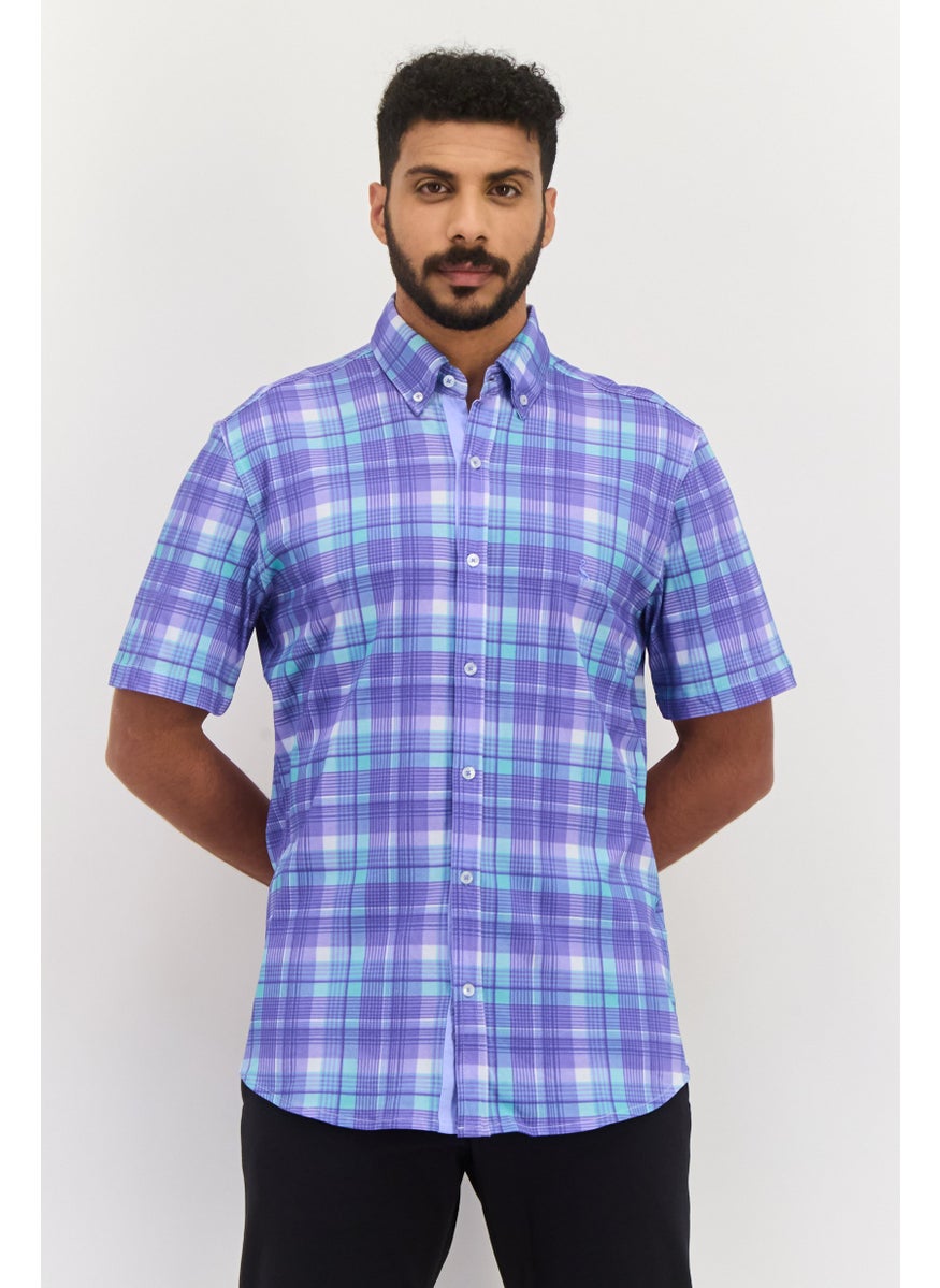 Tailorbyrd Men Regular Fit Plaid Short Sleeve Casual Shirt, Purple  - Image 1
