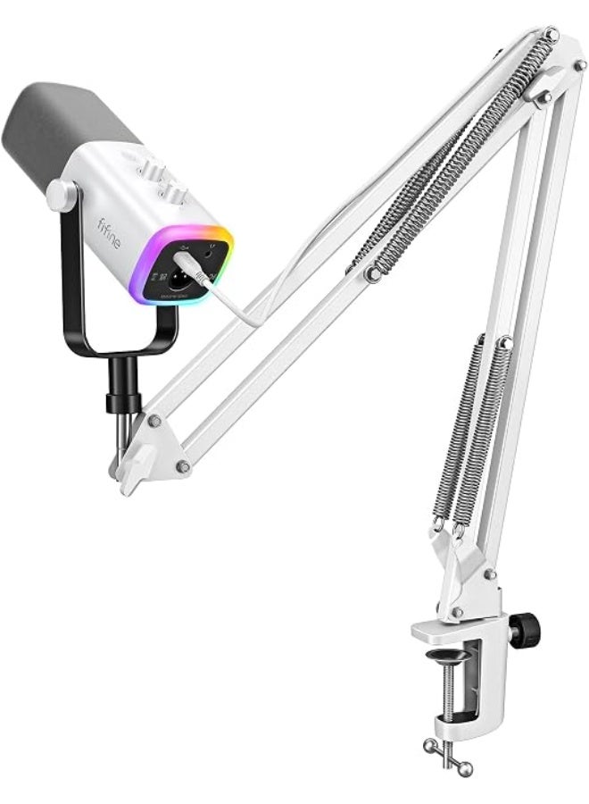FIFINE AmpliGame AM8TW Gaming XLR/USB Microphone Kit Streaming Dynamic Mic | Computer Mic with Controllable RGB, Headphones Jack, Gain Knob, Arm Stand, for Vocal Podcast Recording Voiceover, White - Image 1