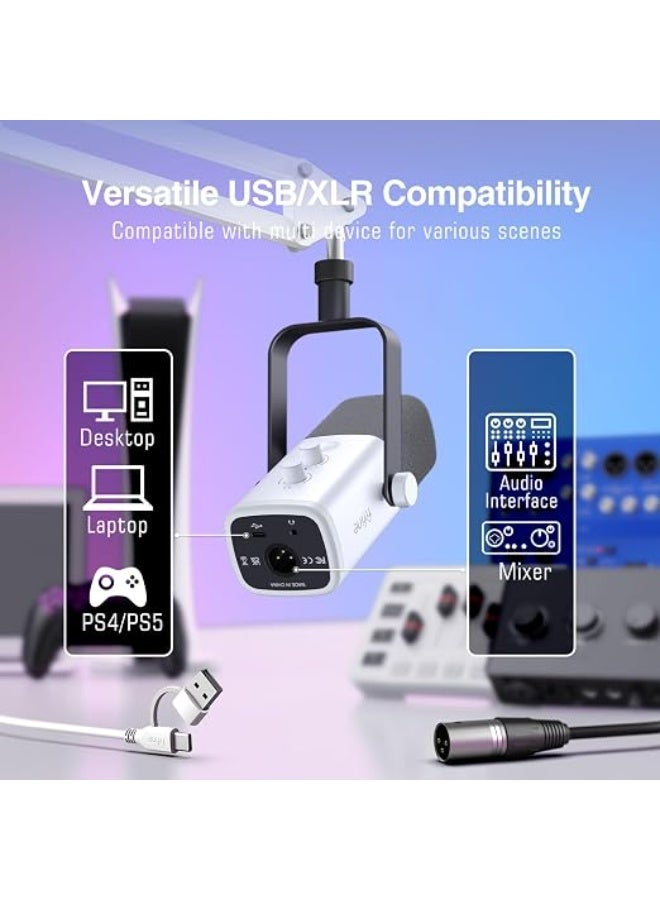 FIFINE AmpliGame AM8TW Gaming XLR/USB Microphone Kit Streaming Dynamic Mic | Computer Mic with Controllable RGB, Headphones Jack, Gain Knob, Arm Stand, for Vocal Podcast Recording Voiceover, White - Image 4