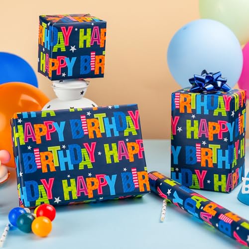 Garbendy Birthday Wrapping Paper Mini Roll 17 InchX 328 Feet Colorful Happy Lettering On Blue Paper Design Gift Paper Perfect for Boys Girls BirthdayBaby Shower Party - Image 5