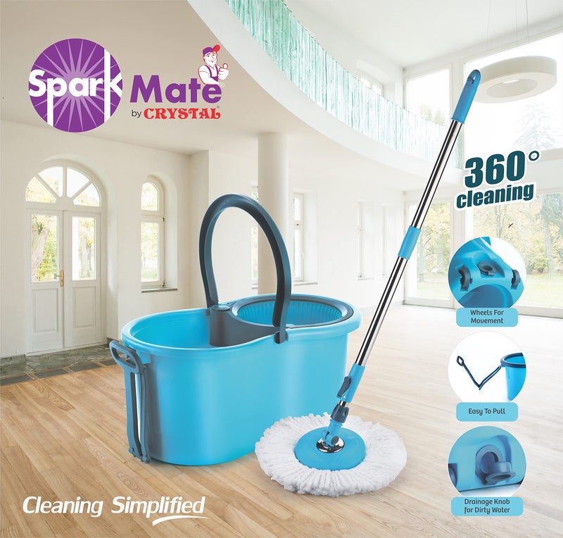 Sparkmate by Crystal Plastic Strolly Spin Mop Bucket with Pully & Attached Drainage Knob, 1 Free Microfiber Refill, 360° Cleaning, Height Adjustable Rod - Image 3