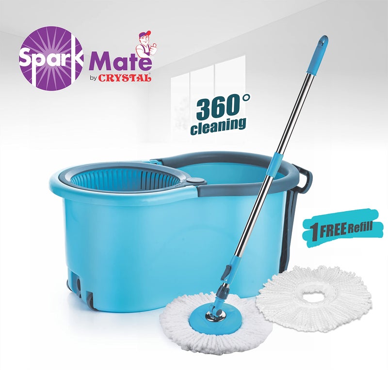 Sparkmate by Crystal Plastic Strolly Spin Mop Bucket with Pully & Attached Drainage Knob, 1 Free Microfiber Refill, 360° Cleaning, Height Adjustable Rod - Image 2