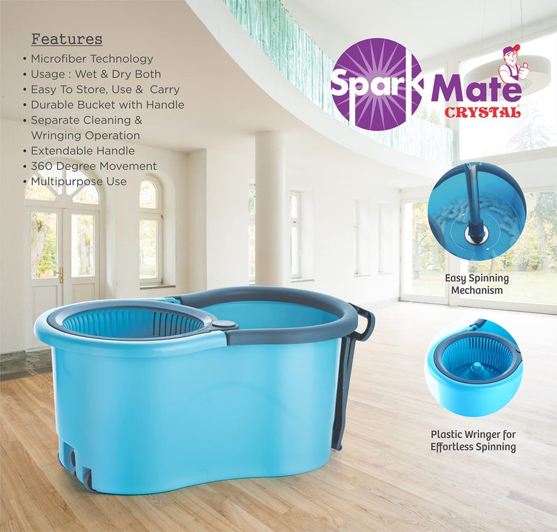 Sparkmate by Crystal Plastic Strolly Spin Mop Bucket with Pully & Attached Drainage Knob, 1 Free Microfiber Refill, 360° Cleaning, Height Adjustable Rod - Image 4
