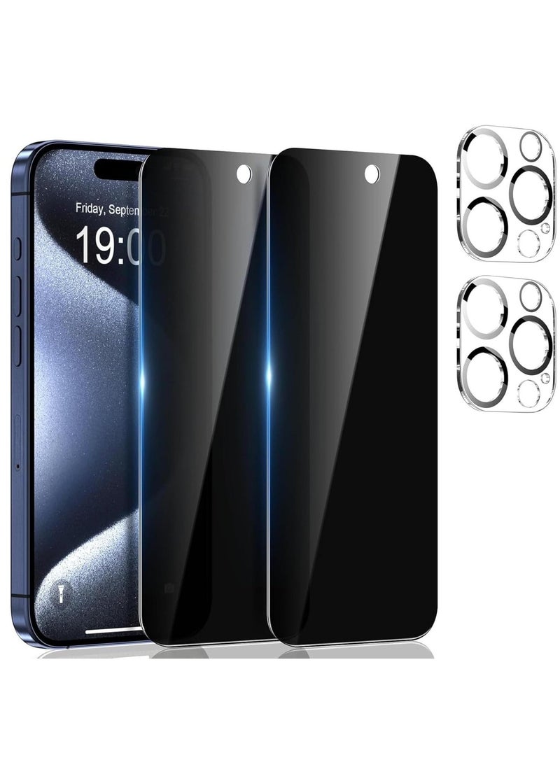 vesus [2+2 Pack] Privacy Screen Protector for iPhone 15 Pro Max with Camera Lens Protector | Anti-Spy Tempered Glass Film | 9H Hardness | Easy Installation | 6.7 Inch - Image 1