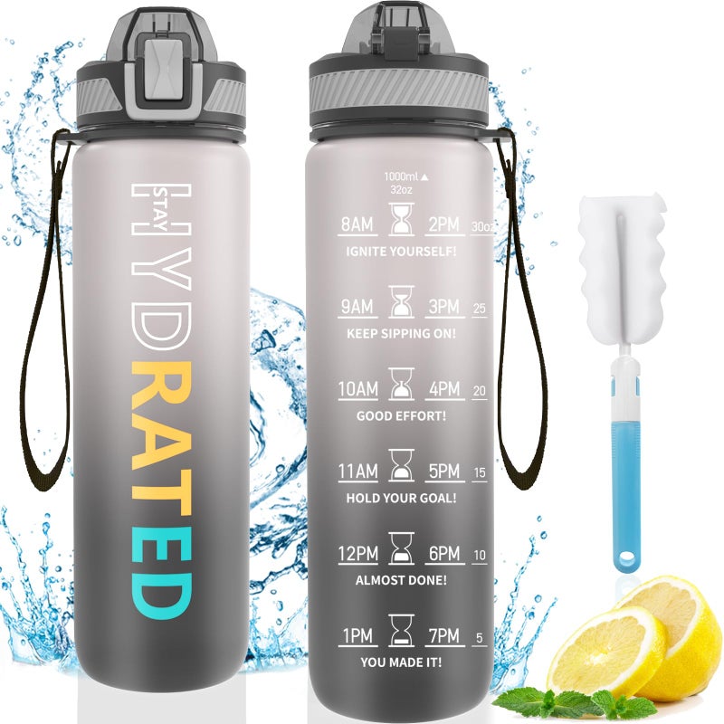 QLUR Water Bottle with Straw  32 oz Motivational Water Bottles with Time Marker to Drink  Tritan BPA Free  1L Sports Water Bottle with Carry Strap LeakProof for Women Men Gym Fitness Outdoor (1 Pack)