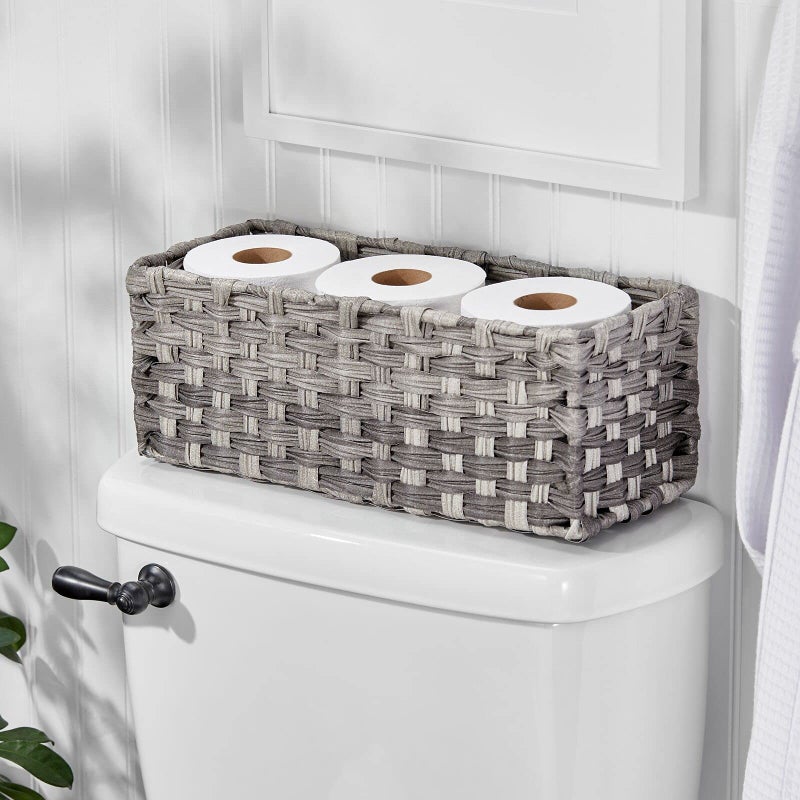 mDesign Rustic Farmhouse Woven Toilet Paper Holder Basket - Small Storage Organizer Tank Topper for Bathroom Counter or Top of Toilet - Holds 3 Rolls of Toilet Paper - Gray Ombre - Image 1