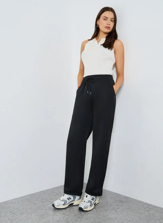 Black Solid Wide Leg Knit Joggers