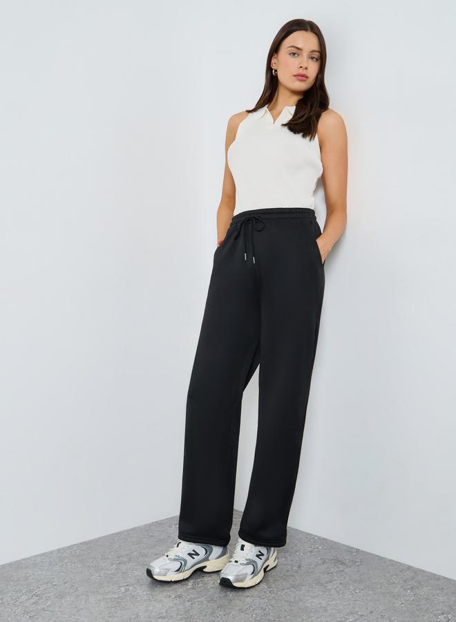 Styli Black Solid Wide Leg Knit Joggers - Image 1