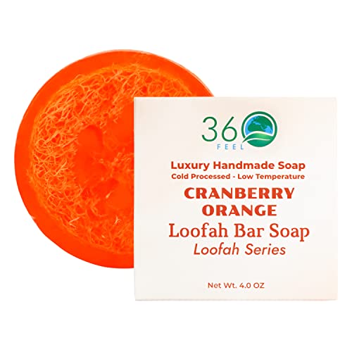 360Feel Cranberry Orange Loofah Bar Soap Safe for Sensitive Skin Luxury Handmade Soap Natural Unblocked Loofah Sponge Exfoliate Scrub Removes Dead Skin Vegan Pure - Image 2