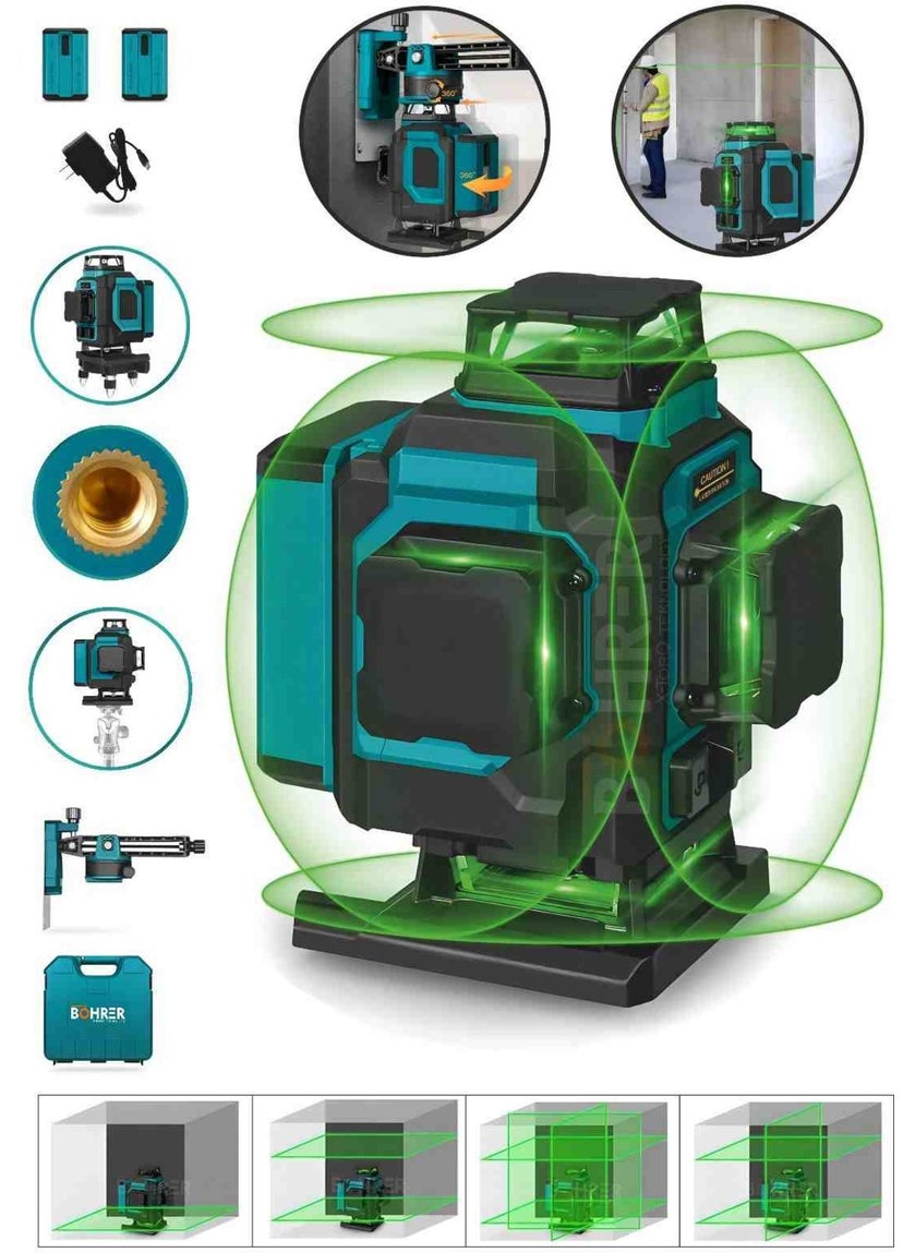 Böhrer Rechargeable Dual Battery Powered Professional 4 Corners 4×360 16 Lines Green Line Laser Alignment 