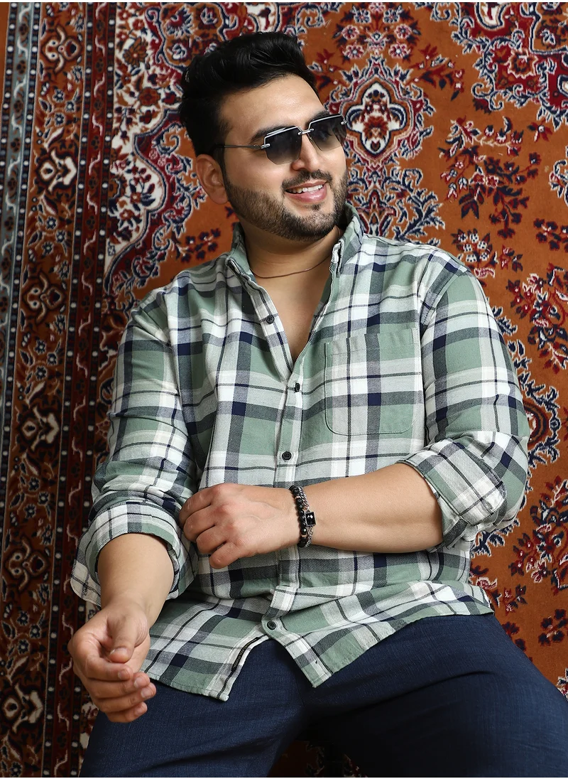 Instafab Plus Instafab Plus Men's Sage Green Shadow-Checkered Shirt For Casual Wear | Spread Collar | Long Cuffed Sleeves | Button Closure | Plus Size Shirt Crafted With Comfort Fit For Everyday Wear