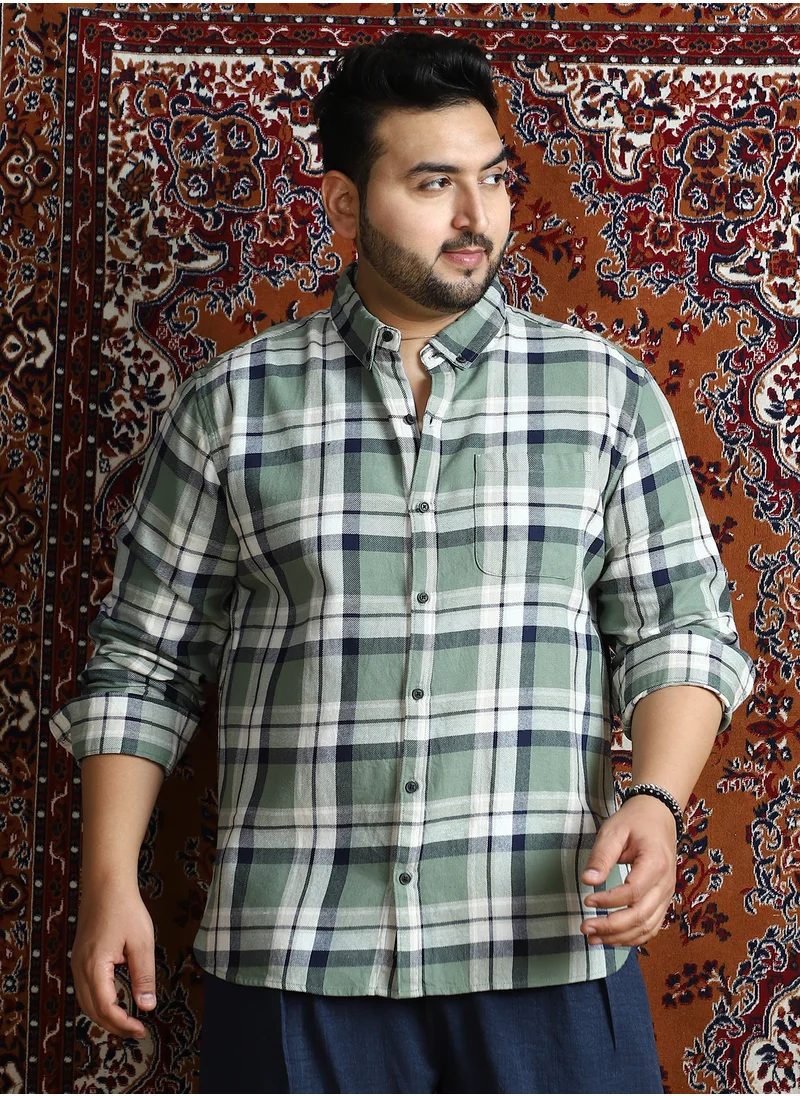 Instafab Plus Instafab Plus Men's Sage Green Shadow-Checkered Shirt For Casual Wear | Spread Collar | Long Cuffed Sleeves | Button Closure | Plus Size Shirt Crafted With Comfort Fit For Everyday Wear