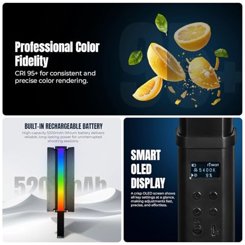 HIFFIN HF-1000 60W RGB LED Stick Light with Grid & Soft Diffuser, 2500K-9900K Adjustable CCT, CRI95+, 24 Effects, 18700Lux@0.5m, App Control, 5200mAh Battery for Photo Video Shooting Use for Creators - Image 3