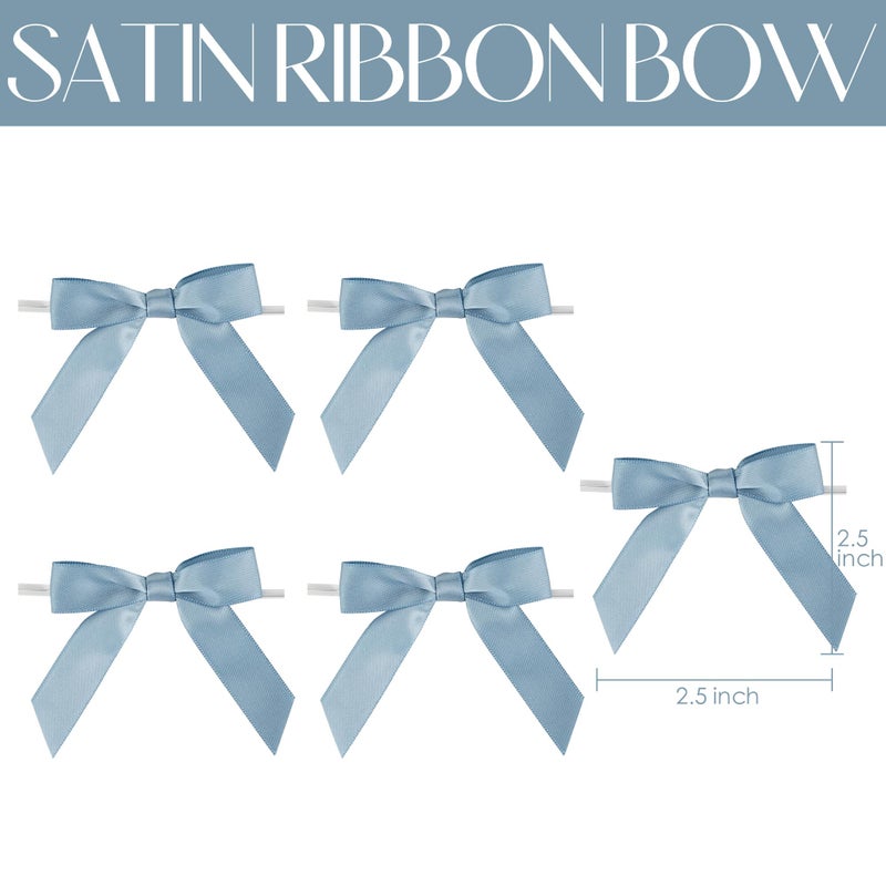 AIMUDI Dusty Blue Bows for Gift Wrapping Premade Satin Bows for Wedding Decor Pre Tied Twist Tie Bows Small Bows for Crafts Treat Bags Cake Pop Party Favors - 50 Counts - Image 2