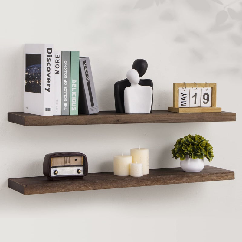 Axeman Floating Shelves for Wall 8 Inch Deep Rustic Solid Elm Wood Wall Shelves for Storage Wall Mounted Display Shelving with Invisible HeavyDuty Metal Bracket 36 Width Set of 2 Walnut