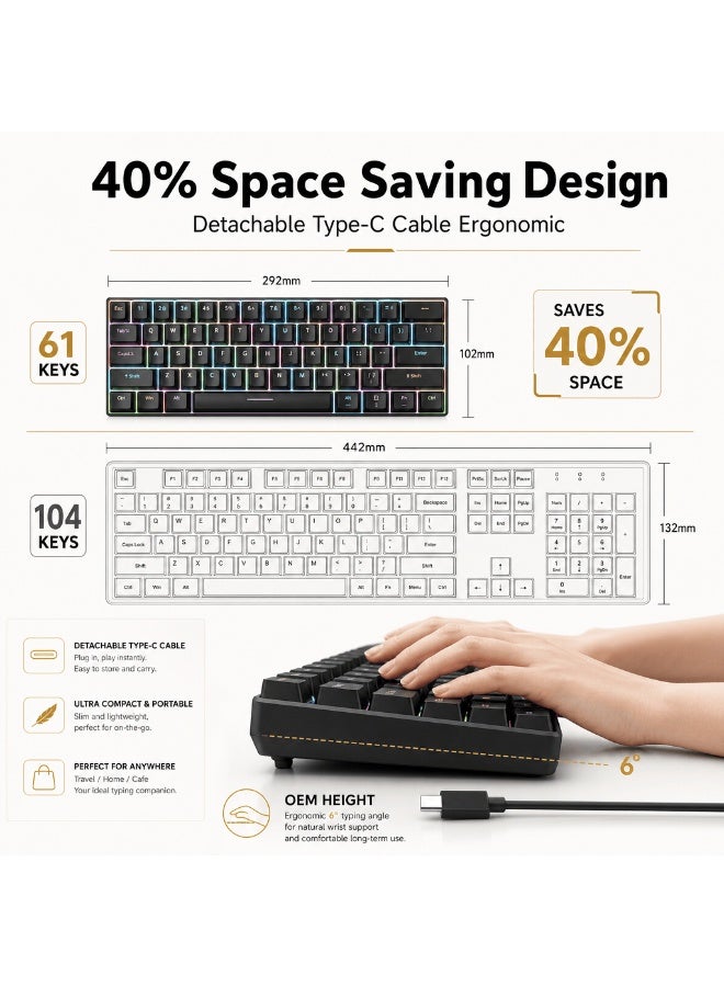 لوحة مفاتيح ألعاب ميكانيكية H61K بعدد 61 مفتاح، اتصال سلكي Type-C، إضاءة RGB، تصميم مدمج 60% مع مفاتيح حمراء، أسود - Image 3