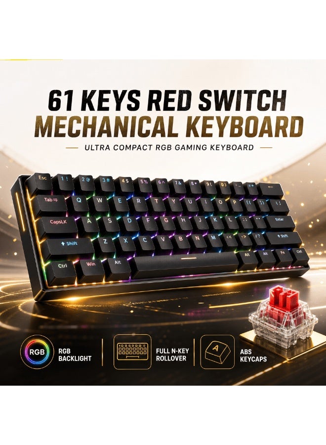 لوحة مفاتيح ألعاب ميكانيكية H61K بعدد 61 مفتاح، اتصال سلكي Type-C، إضاءة RGB، تصميم مدمج 60% مع مفاتيح حمراء، أسود - Image 1