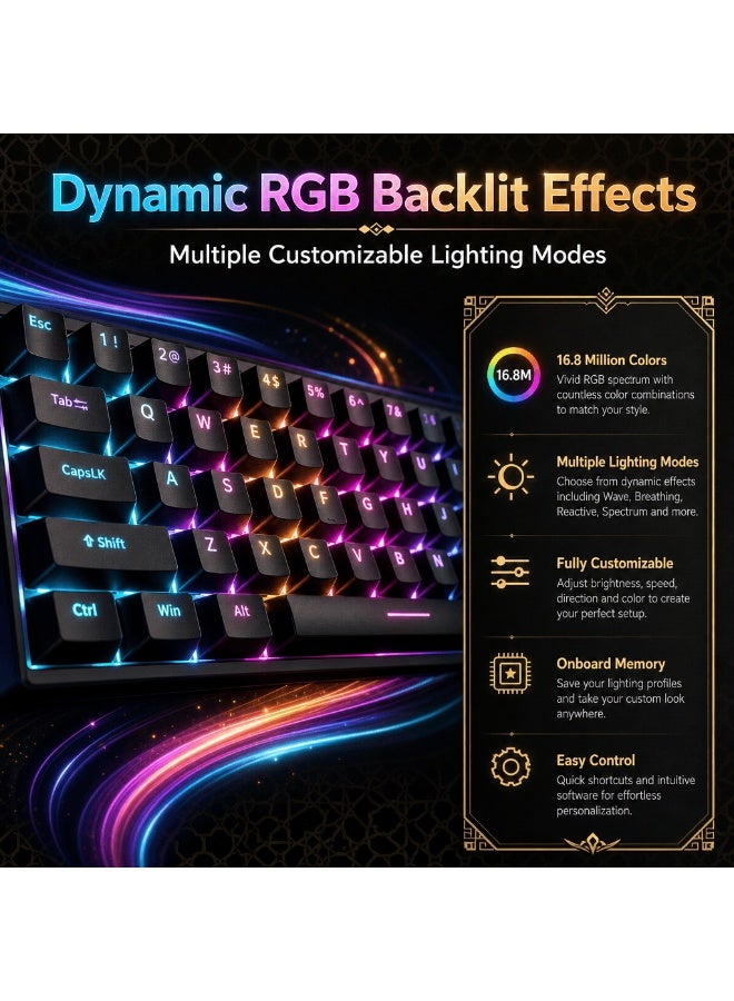 لوحة مفاتيح ألعاب ميكانيكية H61K بعدد 61 مفتاح، اتصال سلكي Type-C، إضاءة RGB، تصميم مدمج 60% مع مفاتيح حمراء، أسود - Image 2