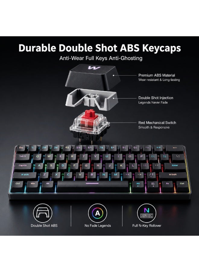 لوحة مفاتيح ألعاب ميكانيكية H61K بعدد 61 مفتاح، اتصال سلكي Type-C، إضاءة RGB، تصميم مدمج 60% مع مفاتيح حمراء، أسود - Image 4